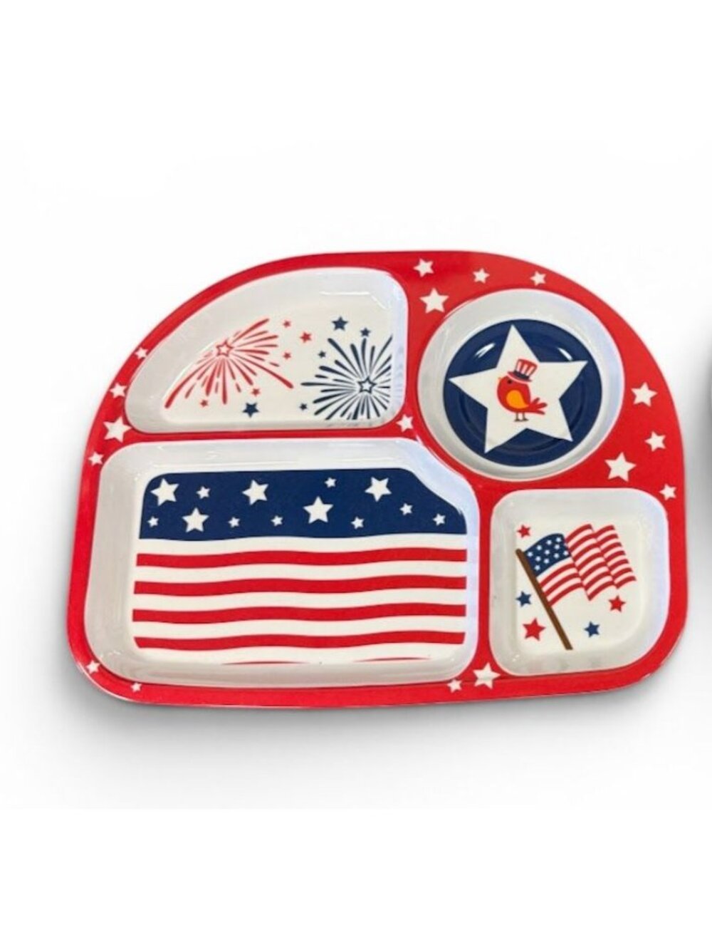 Patriotic Themed Kids Divided Melamine Plate With Fireworks & Flag Design Red Wh